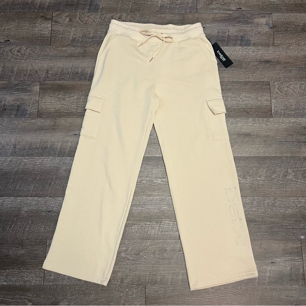Bebe Sports Women’s Sweatpants Beige Rhinestone Logo Cozy Lounge Y2K